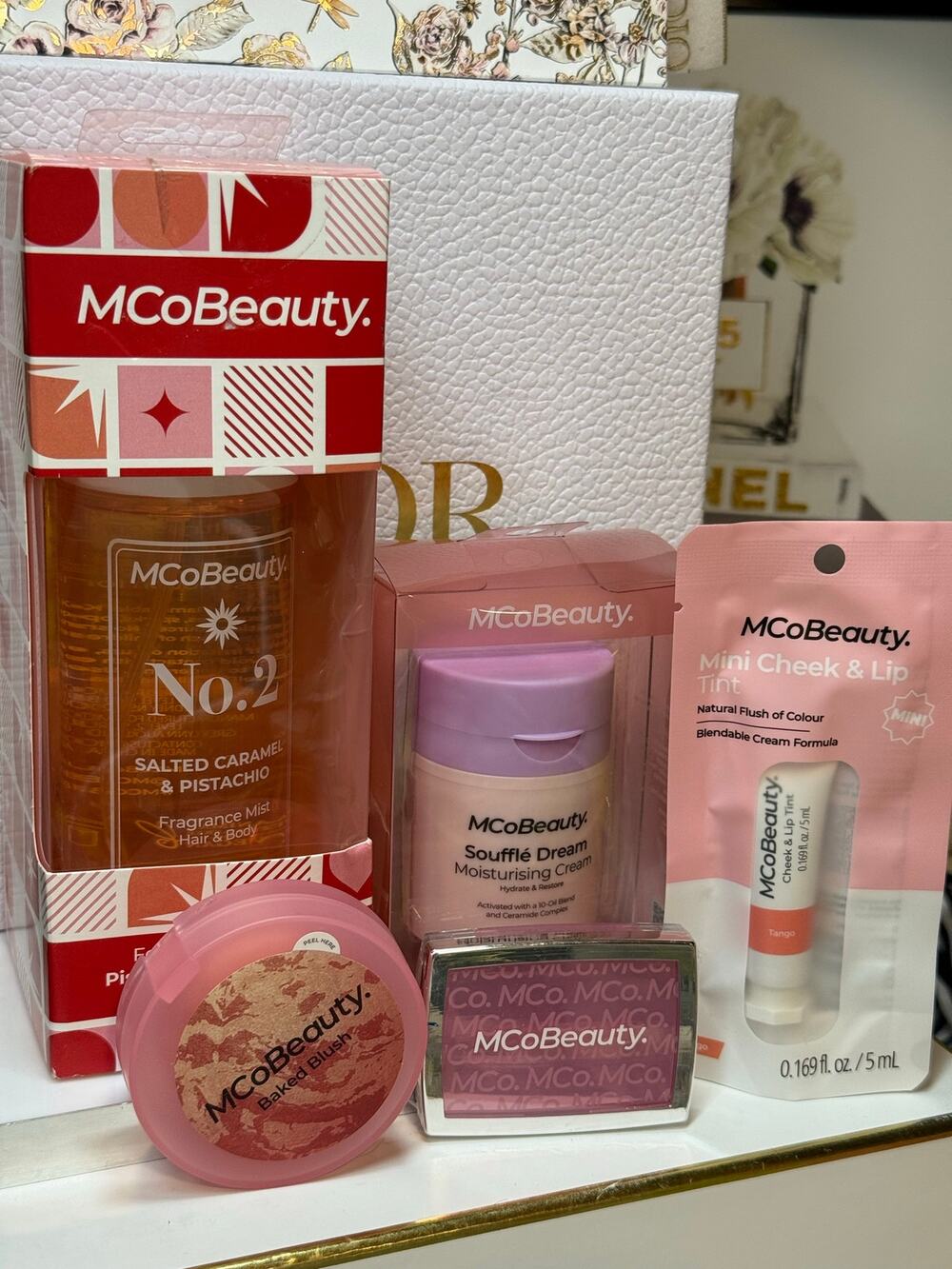 MCoBeauty 5 Pc BUNDLE - Mist, Baked Blush, Moisturizing Cream, Cheek & Lip TInt